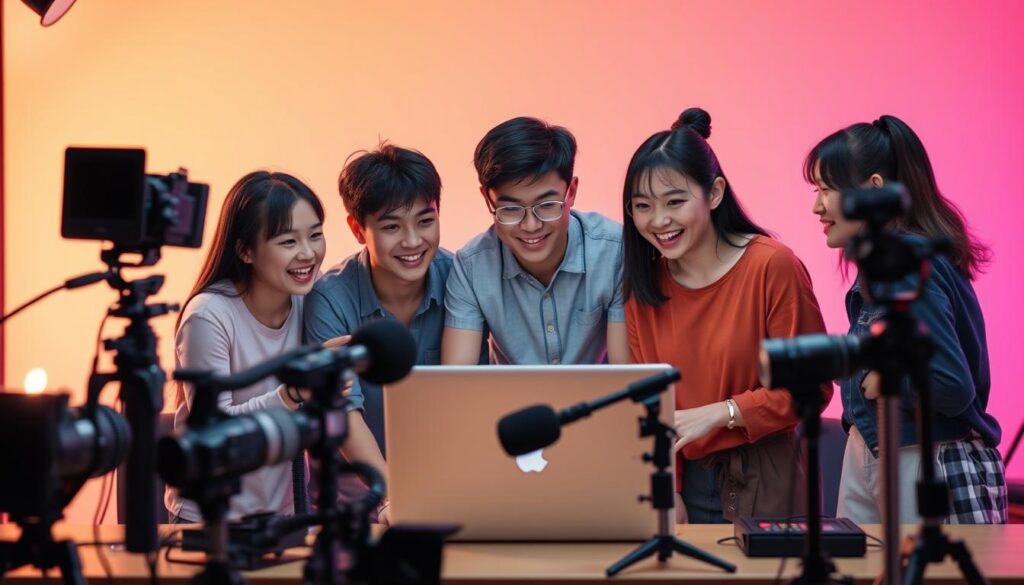 A visually striking scene depicting the key elements of successful YouTube channel management. In the foreground, a group of young, energetic content creators, their faces reflecting Japanese features, huddle around a laptop, engaged in animated discussion. Mid-ground, various video production equipment such as cameras, lights, and microphones create a sense of a professional studio setup. The background subtly hints at the digital landscape of YouTube, with a vibrant color palette and dynamic elements evoking the platform's interactive nature. The overall mood is one of collaborative creativity and strategic planning, capturing the essence of the "チャンネル運営のポイント" section.