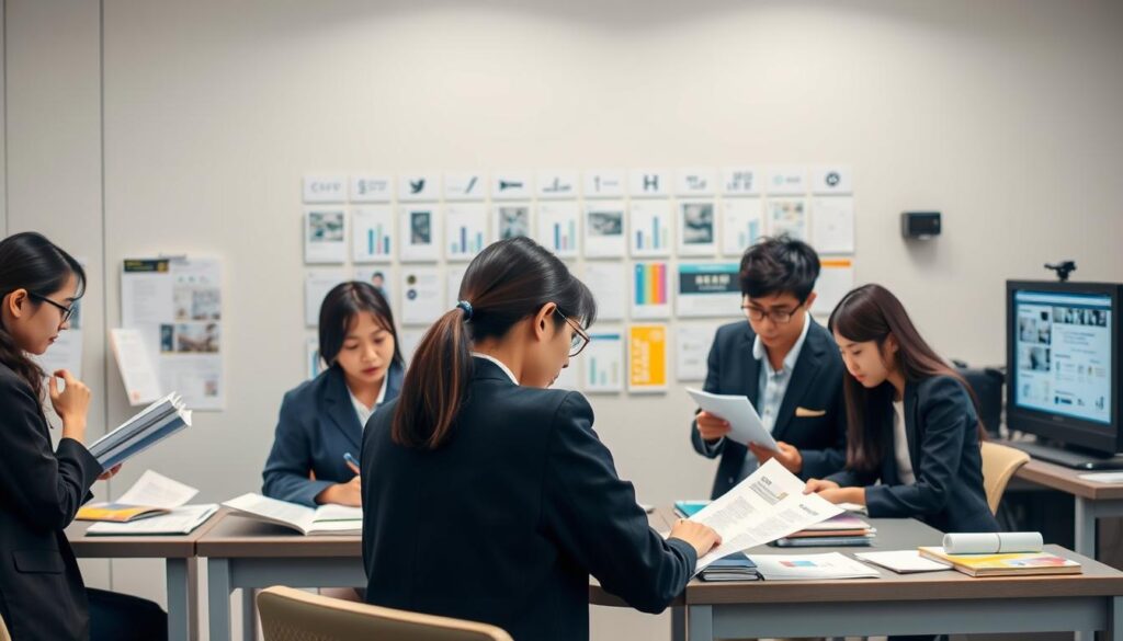 A visually striking scene depicting the process of obtaining a tour conductor certification. The foreground features a group of young, focused Japanese individuals engaged in classroom-style activities, poring over documents and conferring intently. The middle ground showcases a diverse array of training materials and resources, including brochures, manuals, and multimedia displays. The background subtly hints at a professional setting, with clean lines, muted tones, and a sense of authority. Soft, diffused lighting lends a sense of seriousness and dedication to the scene, reflecting the importance of the certification process. The overall composition conveys the dedication, rigor, and practical skills required to become a skilled tour conductor.