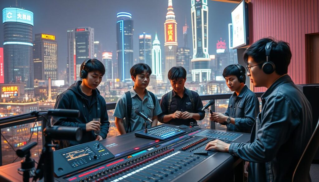 A visually striking scene of the evolving digital transformation in the audio industry. In the foreground, a group of young Japanese audio engineers gathered around a sleek, state-of-the-art mixing console, their expressions focused and attentive. The middle ground features an array of cutting-edge audio equipment, including microphones, speakers, and digital interfaces, all bathed in a warm, soft lighting that creates a sense of professionalism and innovation. In the background, a futuristic cityscape with towering skyscrapers and neon-lit signage suggests the rapid technological advancements shaping the industry. The overall atmosphere conveys a sense of progress, collaboration, and the digital revolution reshaping the world of audio production.