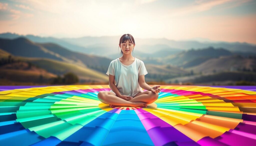 A visually stunning and serene illustration of the effects of color therapy. In the foreground, a young Japanese woman with a peaceful expression sits cross-legged, surrounded by a kaleidoscope of vibrant hues. The middle ground features a series of color swatches, each emanating a soft, glowing aura. In the background, a tranquil landscape with rolling hills and a clear sky sets the tone for the therapeutic atmosphere. The lighting is soft and diffused, creating a sense of harmony and balance. The camera angle is slightly elevated, allowing the viewer to fully immerse themselves in the calming, restorative energy of this color therapy visualization.