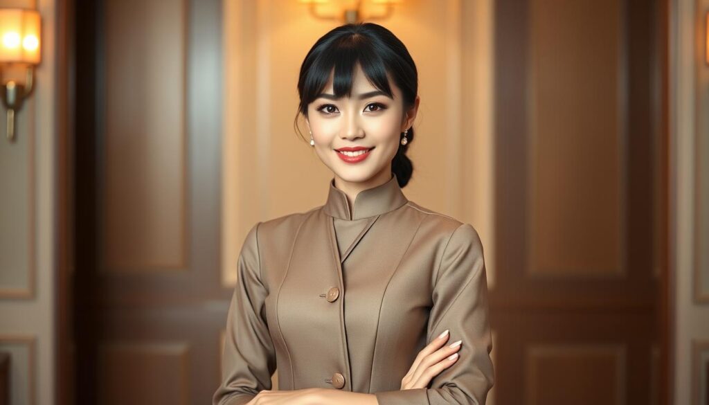 A visually stunning image of a young, Japanese-looking grand hostess showcasing her professional skills and earning potential. Set against a softly lit, elegant backdrop, the model stands poised and confident, dressed in a stylish uniform that accentuates her refined appearance. Her expression conveys a warm, welcoming demeanor, reflecting the exceptional customer service skills required for this prestigious role. The image captures the allure and prestige associated with the grand hostess profession, inviting the viewer to explore the intriguing details of this unique career path.