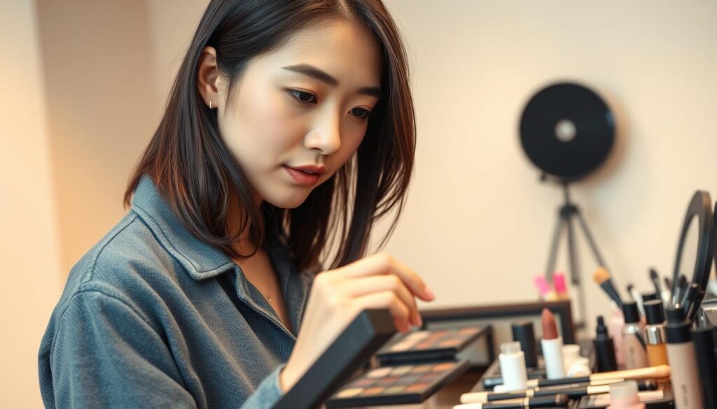 A vivid, high-resolution image of a young Japanese woman in a bright, well-lit studio setting, focused on obtaining a professional makeup certification. In the foreground, the model is intently examining a makeup palette, her expression one of thoughtful concentration. In the middle ground, various makeup tools and products are neatly arranged, conveying a sense of diligence and organization. The background features clean, neutral-toned walls, creating a sense of calm and professionalism. The lighting is soft and diffused, accentuating the model's features and the details of the makeup items. The overall mood is one of focus, determination, and the pursuit of a meaningful career in the cosmetic arts.