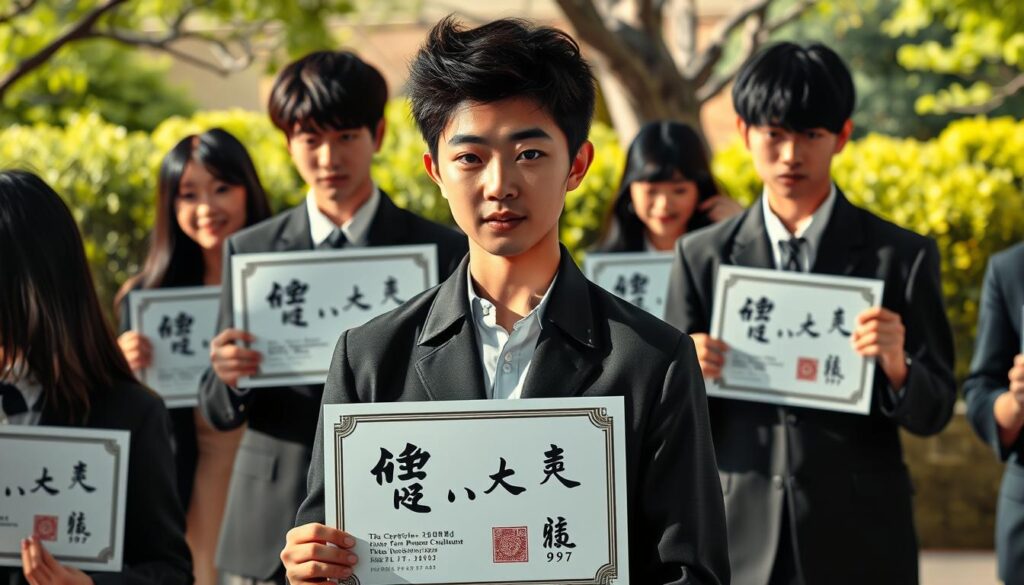 A vivid illustration of a professional Japanese landscape consultant's certification, showcasing a realistic image of young, dark-haired individuals presenting their credentials in a formal, yet approachable manner. The scene is captured with a crisp, well-lit photography style, emphasizing the importance and prestige of this specialized qualification. The foreground features the consultants holding their certificates, with a middle ground depicting them in a thoughtful, contemplative pose. The background subtly hints at the natural environment they are trained to navigate, creating a harmonious, balanced composition that encapsulates the essence of the "造園コンサルタント資格".