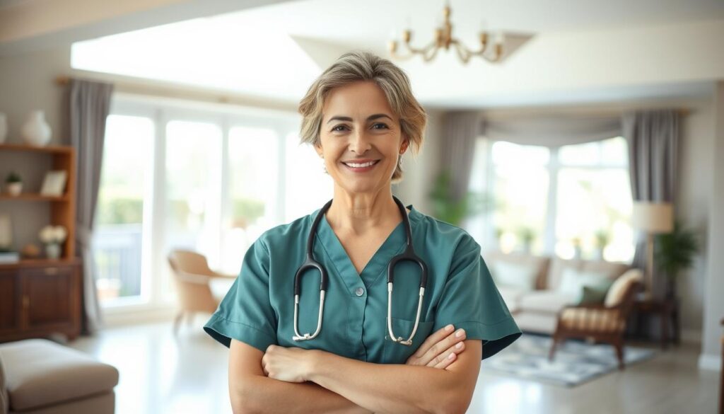 A warm and compassionate home healthcare worker, with a nurturing demeanor and keen observational skills, stands in a well-lit, spacious room. She exudes a calming presence, her gentle expression reflecting a deep understanding of the needs of her elderly or disabled clients. The room is tastefully decorated, with natural light filtering in through large windows, creating a serene and inviting atmosphere. The worker's professional attire, combined with her attentive posture and empathetic body language, convey the specialized training and expertise required to provide high-quality in-home care and support.