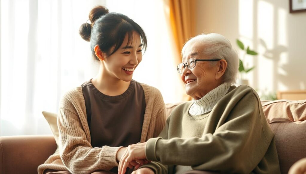 A warm and welcoming home setting, bathed in soft natural light, where a young Japanese home caregiver attentively engages with an elderly client. The caregiver sits close, making eye contact and using gentle gestures to communicate empathetically. The client's expression is one of comfort and trust, as the caregiver's calm, reassuring presence puts them at ease. The scene captures the essential nature of their professional relationship - built on mutual understanding, care, and open communication.