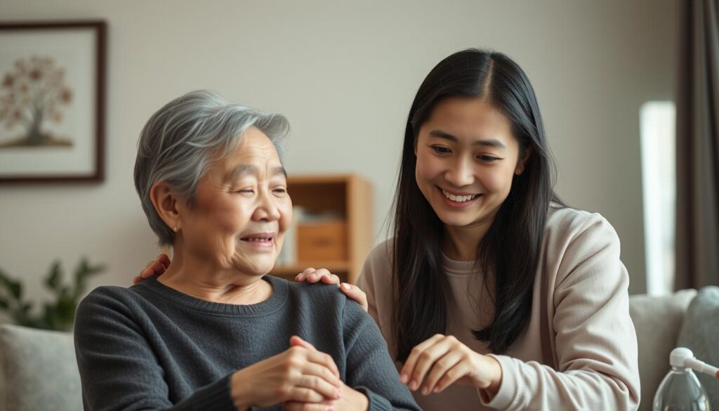 A warm, compassionate caregiver assists an elderly person in their home. The caregiver, a young Japanese woman with a kind, attentive expression, gently guides the client through daily tasks. Soft, natural lighting illuminates the scene, creating a sense of comfort and care. The caregiver's movements are gentle and patient, reflecting the patience and empathy required for this role. The client appears relaxed and trusting, highlighting the caregiver's ability to build rapport. The composition emphasizes the caregiving dynamic, with the caregiver and client positioned to convey their connection. The overall mood is one of tenderness, understanding, and the meaningful work of supporting those in need.