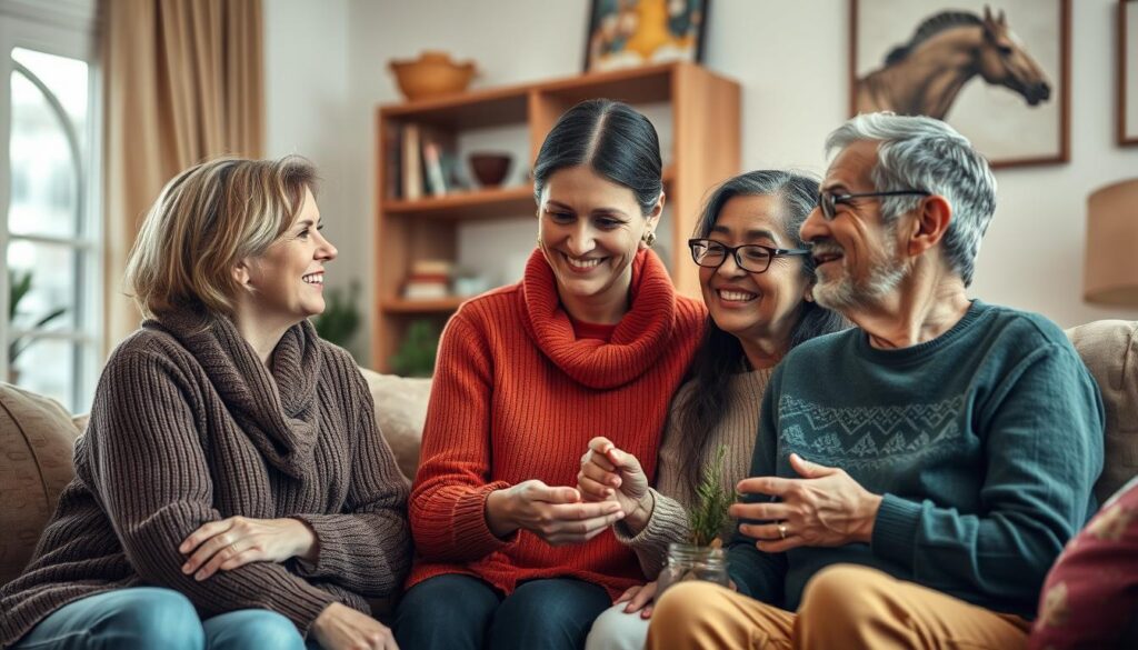 A warm, compassionate social worker guiding a family through life's challenges, their faces illuminated by the soft light of a cozy living room. The worker's nurturing demeanor and the clients' grateful expressions convey the profound sense of empowerment and trust at the heart of this meaningful profession. Vibrant colors, textured surfaces, and a lived-in atmosphere invite the viewer to feel the weight and importance of the social worker's work. The scene radiates a sense of hope, community, and the profound rewards of making a positive difference in people's lives.