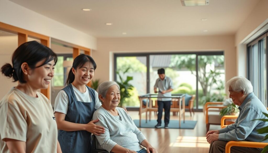 A warm, inviting interior of a modern Japanese nursing home, showcasing a range of care facilities. In the foreground, a group of young, attentive caregivers assist elderly residents with daily activities, their expressions kind and patient. The middle ground features a well-equipped physical therapy room, where residents engage in gentle exercises under the watchful eye of a therapist. In the background, a serene communal lounge area offers views of a lush, Japanese-style garden, promoting a sense of tranquility and comfort. The lighting is soft and natural, creating a calming atmosphere. The scene conveys a harmonious balance of care, dignity, and attention to the residents' well-being.