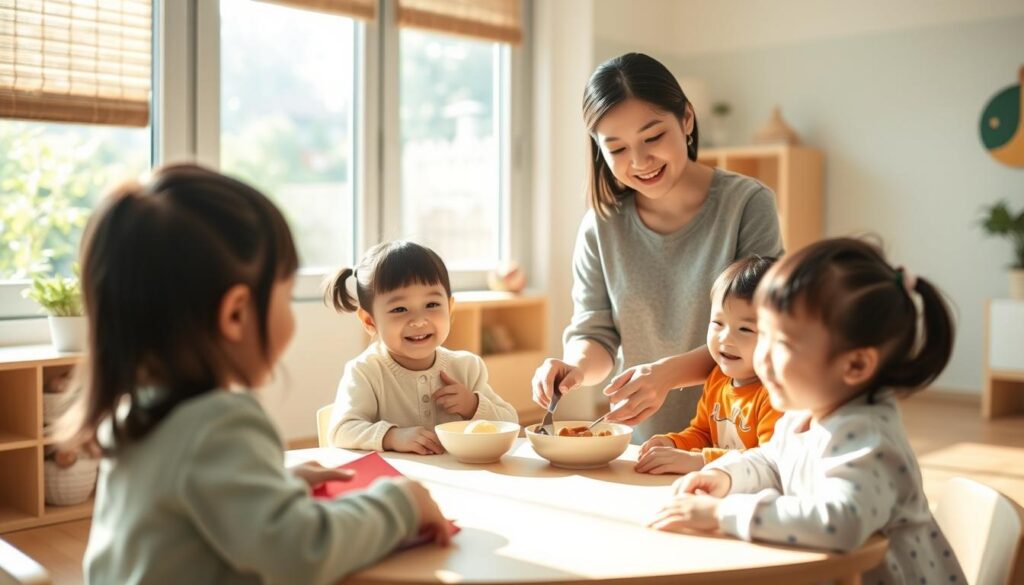A warm, sunny morning in a cozy childcare center. A young, attentive nanny guides a group of cheerful Japanese children through their daily routine - feeding them a healthy breakfast, helping them get dressed, and leading them in engaging educational activities. The nanny's calm demeanor and gentle touch create an atmosphere of comfort and security as she attends to each child's needs with patience and care. Soft natural lighting filters through large windows, casting a serene glow over the scene. The children's faces reflect joy and excitement as they interact with their nurturing caregiver, who skillfully manages the activities with a watchful eye. This heartwarming snapshot captures the essence of a nanny's invaluable role in providing a safe, enriching environment for young lives.