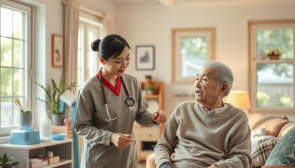 A warm, well-lit interior scene depicting a home care worker assisting an elderly patient in a comfortable, inviting environment. The foreground shows the home helper guiding the patient, their faces expressing care and concern. In the middle ground, various medical and household items suggest the range of services provided. The background features windows overlooking a peaceful neighborhood, conveying a sense of community and integration. Lighting is soft and natural, highlighting the empathetic interaction. The models have a youthful, Japanese-inspired appearance, reflecting the demographic. The overall tone is one of professionalism, compassion, and the holistic nature of the community-based care system.