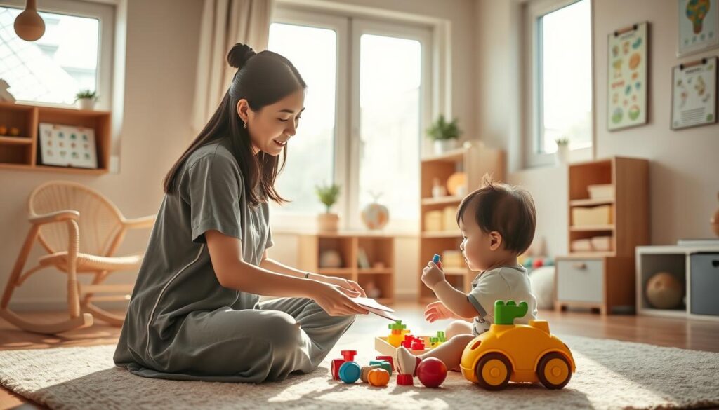 A warm, well-lit interior scene of a young Japanese nanny providing gentle, attentive care to a toddler in a cozy playroom. Soft, natural lighting filters through large windows, casting a soothing glow. The nanny, with a serene expression, sits on the floor, engaging the child in educational play with colorful toys and books. The room is tastefully decorated with child-friendly furnishings, creating a nurturing, homelike atmosphere. Subtle details like a rocking chair, plush rug, and wall-mounted educational posters convey the nanny's role in supporting the child's development through play-based learning.