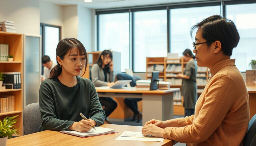 A warm, well-lit interior setting featuring a group of young Japanese-looking case workers engaged in various tasks. In the foreground, a case worker is meeting with a client, listening intently and taking notes. In the middle ground, two case workers are collaborating at a desk, discussing documents and files. In the background, a case worker is making a phone call, while another is organizing shelves of client records. The scene conveys a sense of professionalism, empathy, and diligence as the case workers carry out their essential duties to support and assist their community.