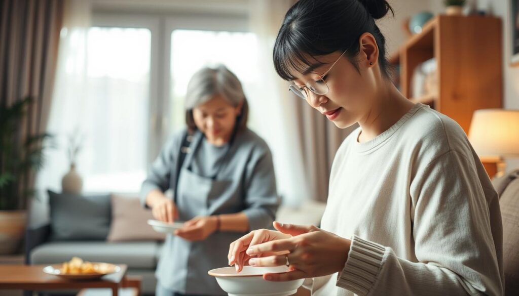 A warm, well-lit interior setting showcasing the daily tasks of a young, Japanese-looking home care worker. In the foreground, the caregiver tenderly assists an elderly client, guiding them through basic daily activities with a gentle, attentive demeanor. The middle ground reveals the caregiver preparing a light meal or tending to the client's personal needs, while the background suggests a cozy, comfortable living space designed to promote the client's independence and wellbeing. The scene conveys a sense of empathy, care, and the essential human connection at the heart of the home care profession.