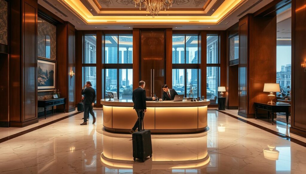 A well-appointed hotel lobby, bathed in warm lighting and polished marble floors. In the center, a concierge desk manned by two attentive individuals, their professional yet friendly demeanor evident as they assist guests with luggage, provide directions, and make recommendations. The walls are adorned with framed artwork, creating a refined and sophisticated ambiance. Through the large windows, a glimpse of the bustling city beyond, hinting at the concierge's role in navigating the local landscape. The scene conveys a sense of efficiency, hospitality, and the concierge's dedication to ensuring a seamless and memorable guest experience.