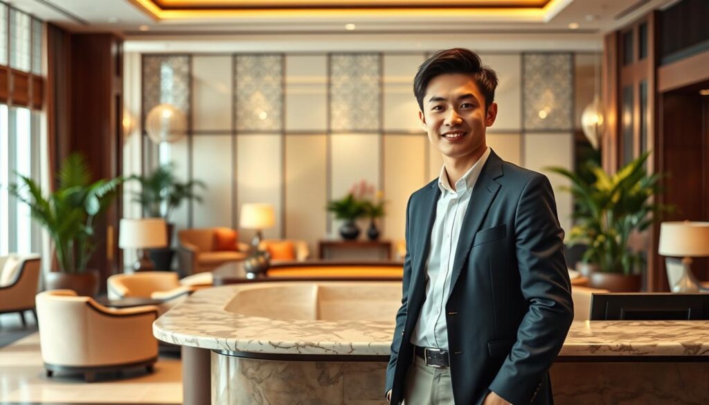 A well-appointed hotel lounge, softly lit with warm tones. In the center, a composed young Japanese concierge stands behind an elegant marble-topped reception desk, a welcoming expression on their face. The concierge's attire is smart and professional, with a tailored suit and carefully groomed appearance. Behind them, the backdrop features a tasteful mix of modern and traditional design elements, including plush seating, potted plants, and a subtle blend of wood and glass accents. The overall atmosphere conveys a sense of refined elegance and attentive service, reflective of the concierge's role and the high-end establishment they represent.