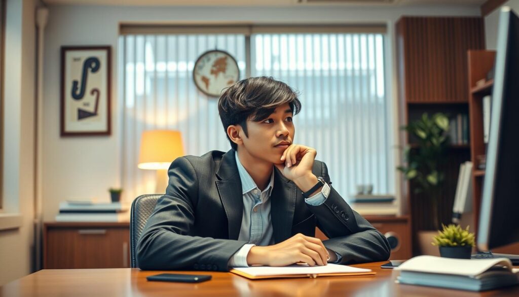 A well-appointed office space with warm lighting and clean lines, showcasing a young, professional-looking Japanese person at a desk, deep in thought as they contemplate their independent venture as a odor evaluation specialist. The scene exudes a sense of focus, determination, and a touch of entrepreneurial spirit, capturing the essence of embarking on a self-employed career path as a odor assessment expert.