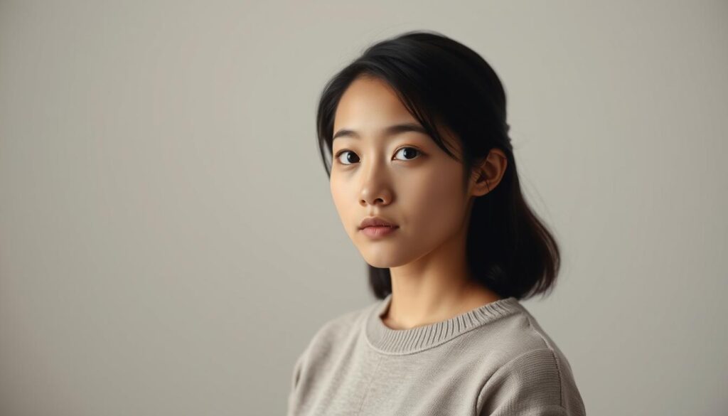 A well-composed portrait of a young, Japanese-looking individual with a thoughtful, focused expression. They stand in a softly lit, minimalist studio setting with a neutral background, allowing the subject's features and presence to take center stage. The lighting is diffused and flattering, creating a sense of depth and dimension. The camera angle is slightly elevated, giving the viewer a sense of connection and engagement with the subject. The overall mood is one of quiet contemplation, hinting at the subject's suitability for the role of a pattern maker - a profession that requires keen observation, attention to detail, and a strong sense of spatial awareness.