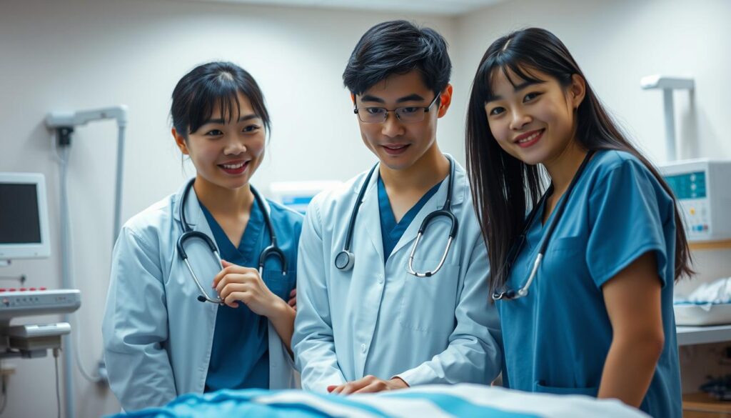 A well-coordinated medical team in a serene hospital setting. In the foreground, young Japanese-looking healthcare professionals - a doctor, nurse, and therapist - collaborate closely, their expressions focused yet warm. The middle ground features various medical equipment and supplies, subtly hinting at the complex procedures they perform. The background is softly lit, with muted colors and a sense of tranquility, emphasizing the team's cohesive dynamic. The overall scene conveys the harmony and dedication required for effective co-medical practice.
