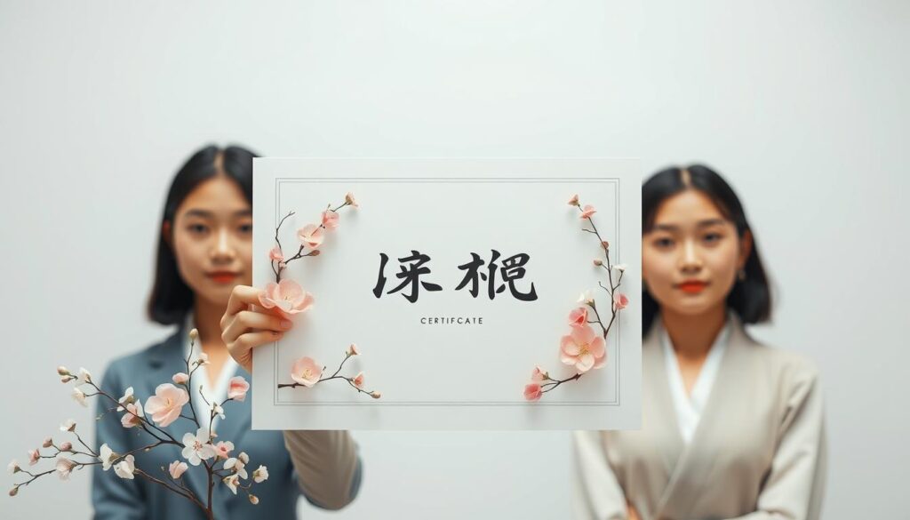 A well-crafted image of a "フラワー装飾技能士資格" certificate, showcasing a serene and elegant design. The certificate is centered in the frame, with a clean, white background that emphasizes the delicate floral patterns adorning the document. The flowers, in shades of soft pink and white, are artfully arranged, creating a visually striking and harmonious composition. The lighting is soft and diffused, highlighting the textural qualities of the paper and the intricate details of the floral elements. The overall mood is one of professionalism, expertise, and a reverence for the art of floral design. The young, Japanese-looking models in the background lend an air of authenticity and pride to the scene.