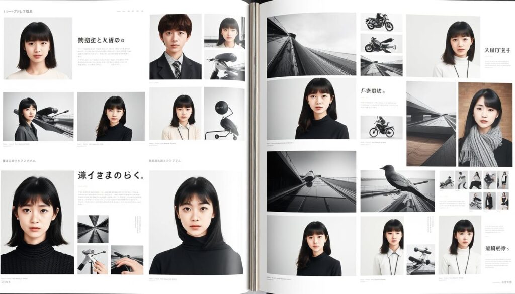 A well-curated graphic designer portfolio showcasing a diverse range of sleek, modern designs. The portfolio features a clean, minimalist layout with high-quality photographs and visual samples. The designers, all young Japanese individuals with dark hair and realistic facial features, are captured in natural, well-lit settings, exuding a sense of professionalism and creative passion. The overall atmosphere conveys a harmonious blend of simplicity, elegance, and technical prowess, perfectly reflecting the subject of "how to create an impactful graphic designer portfolio" and its importance in the field.