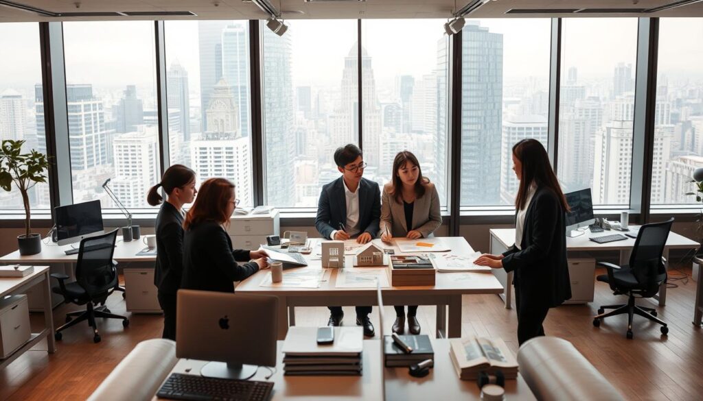 A well-designed modern office interior with large windows overlooking a bustling cityscape. In the foreground, a group of young Japanese architects dressed in professional attire are gathered around a table, discussing architectural plans and models. The middle ground features desks with various design tools and computer workstations, while the background showcases sleek, minimalist furniture and decor. Soft, warm lighting illuminates the space, creating a productive and collaborative atmosphere. The entire scene conveys the multifaceted nature of an architect's responsibilities, from conceptual design to project management.