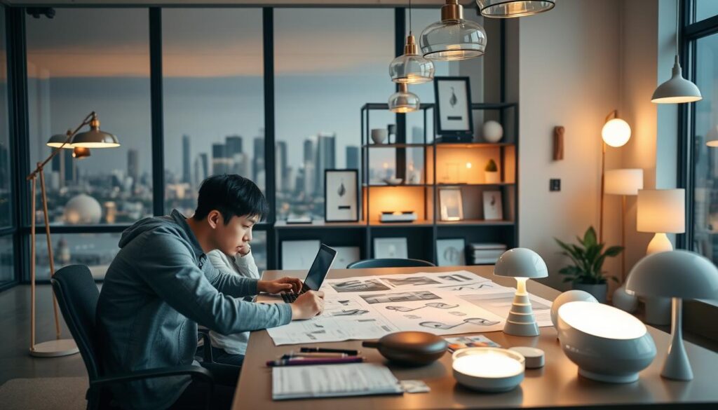 A well-designed modern office space with a large window offering a city skyline view. In the foreground, a young Japanese-looking man sits at a desk, working intently on a laptop. Beside him, a woman with a similar appearance reviews design plans spread out on the table. Soft, diffused lighting illuminates the scene, creating a warm and productive atmosphere. The middle ground features various lighting fixtures, including floor lamps, pendant lights, and sconces, showcasing the designer's expertise. In the background, shelves display design samples, awards, and certifications, highlighting the individual's credentials and achievements as a professional lighting designer. The overall composition conveys a sense of creative focus, innovation, and career success.