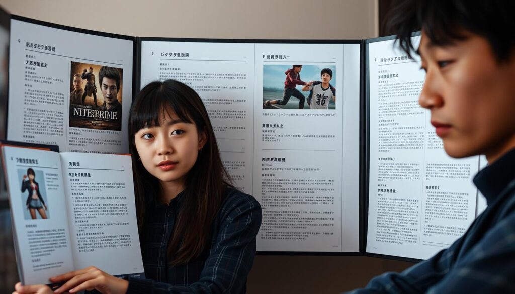 A well-designed portfolio showcasing a game writer's skills and experience, captured in a realistic photographic style. The frame is filled with several pages or screens displaying sample writing, character profiles, and narrative outlines. The layout is clean and professional, with a subtle gradient or textured background that evokes the digital medium. The lighting is soft and balanced, casting a warm, inviting glow over the portfolio's contents. The models depicted are young Japanese individuals with natural, lifelike features, their expressions conveying a sense of focus and pride in their work. The overall atmosphere is one of diligence, creativity, and the pursuit of a fulfilling career in the gaming industry.