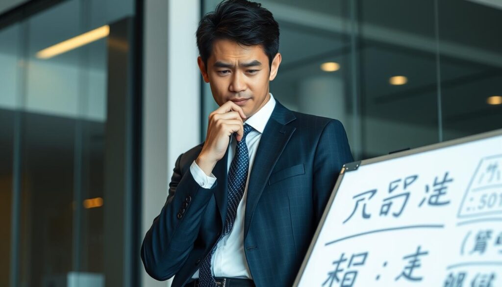 A well-dressed Japanese business executive, a General Manager, standing in a modern office, deep in thought, brow furrowed, contemplating a complex issue on a digital whiteboard. The lighting is soft and warm, creating an atmosphere of thoughtful concentration. The scene captures the diligent, problem-solving nature of a manager's work, with the whiteboard in the foreground providing a visual representation of the "業務における課題と対処法". The model has a youthful, yet authoritative presence, reflecting the responsibilities and challenges faced by a General Manager in the Japanese corporate world.