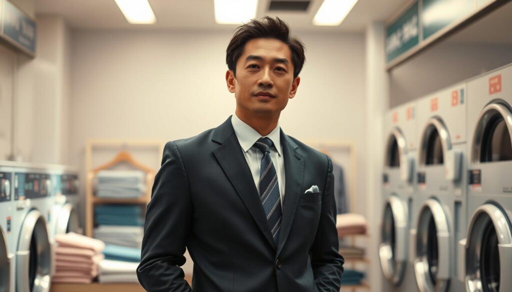 A well-dressed Japanese cleaning professional standing in a meticulously organized laundromat, bathed in soft, natural lighting. Their expression conveys a sense of pride and expertise as they contemplate the business's financial prospects. The middle ground features a display of neatly folded garments, while the background showcases the modern, streamlined equipment used in the cleaning process. The overall atmosphere exudes a balance of professionalism, efficiency, and a touch of quiet contemplation about the industry's earning potential.