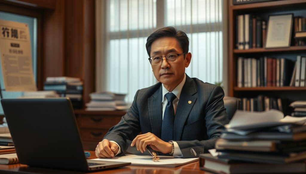 A well-dressed Japanese columnist with a serious, thoughtful expression, seated at a desk surrounded by books, papers, and a laptop. The lighting is warm and focused, creating a professional, intellectual atmosphere. The scene captures the skills and dedicated work required for the columnist role, with a suggestion of the potential for high earnings.