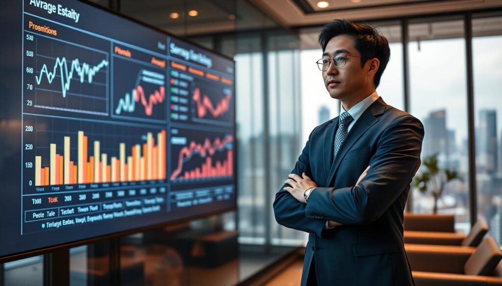 A well-dressed Japanese consultant in their thirties standing confidently, examining financial data and charts projected onto a large wall display. The lighting is warm and professional, with soft shadows and a subtle depth of field. The background is a modern office setting, with sleek furniture and a view of the city skyline through large windows. The consultant's expression conveys expertise and thoughtfulness as they analyze the data, providing insights into the average earnings and unique financial characteristics of their industry.