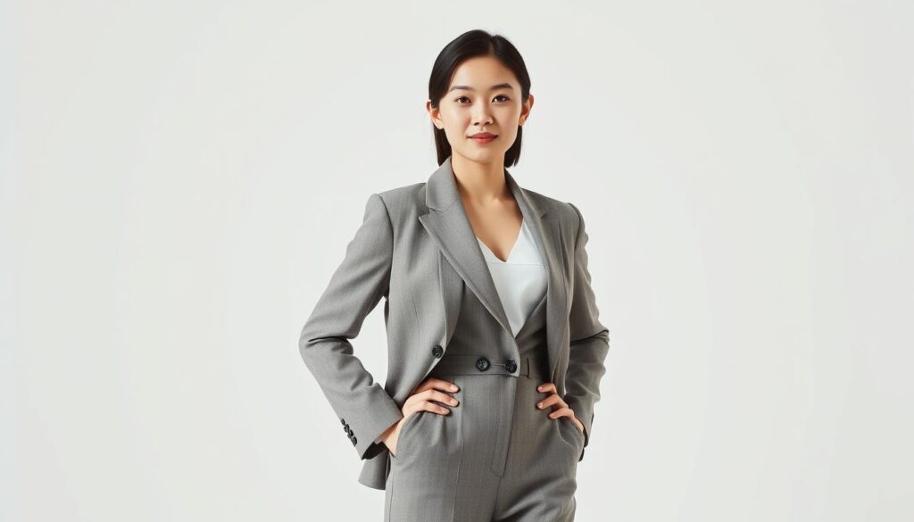 A well-dressed Japanese fashion designer standing confidently, their hands on their hips, against a clean white background. Soft, diffused lighting illuminates their features, highlighting their youthful, attractive appearance. The designer's attire showcases a stylish, high-quality ensemble, hinting at their creative talents and expertise. The scene conveys a sense of professionalism, competence, and the allure of the fashion industry.