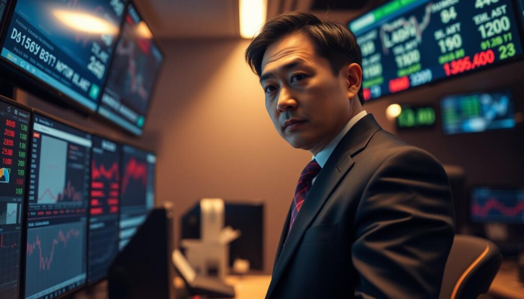 A well-dressed Japanese forex trader standing at a trading desk, intently monitoring multiple screens displaying live currency exchange rates. The trader's face is focused, their expression intense as they analyze market data and make quick decisions. The lighting is warm and subdued, creating a sense of concentration and urgency. The scene conveys the high-stakes, fast-paced nature of the forex trading profession, where strong English language skills are essential for success.
