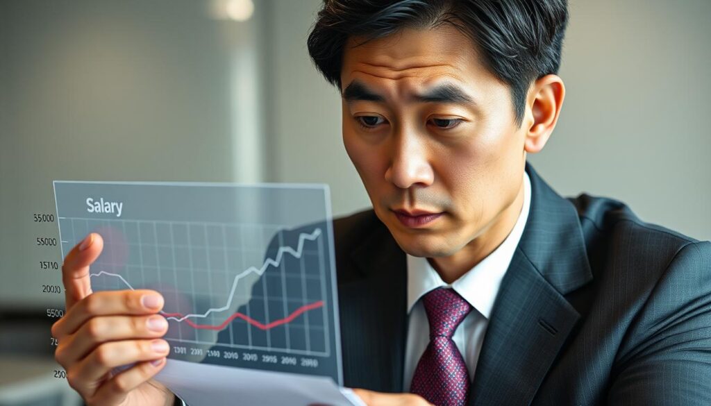 A well-dressed Japanese man with a serious expression, carefully analyzing a graph displaying salary data for vegetable sommeliers. The scene is set in a modern office environment, with clean lines, muted colors, and soft lighting that emphasizes the thoughtful, analytical mood. The graph is prominently displayed, with precise attention to detail, conveying the importance of data-driven insights. The overall composition strikes a balance between professionalism and a touch of artistic flair, capturing the essence of the vegetable sommelier's role as a data-savvy expert in their field.