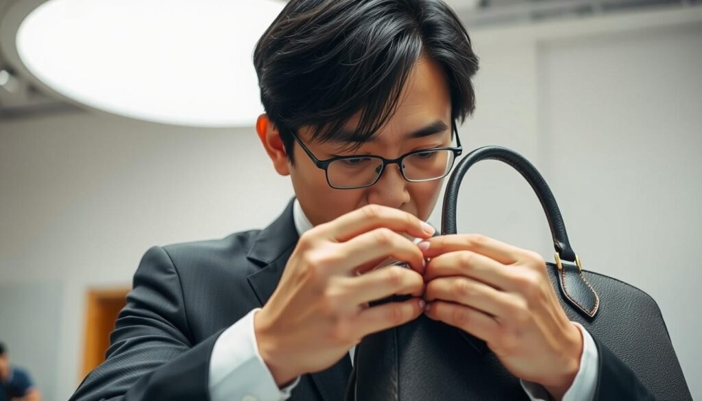 A well-dressed Japanese professional closely examining a luxury handbag, their face conveying deep concentration and expertise. The scene is set in a bright, well-lit room with a minimalist, modern backdrop, allowing the subject's skills and attentiveness to take center stage. The camera captures the expert's hands delicately inspecting the item, showcasing the meticulous attention to detail required for brand authentication. The overall mood is one of quiet professionalism and specialized knowledge.