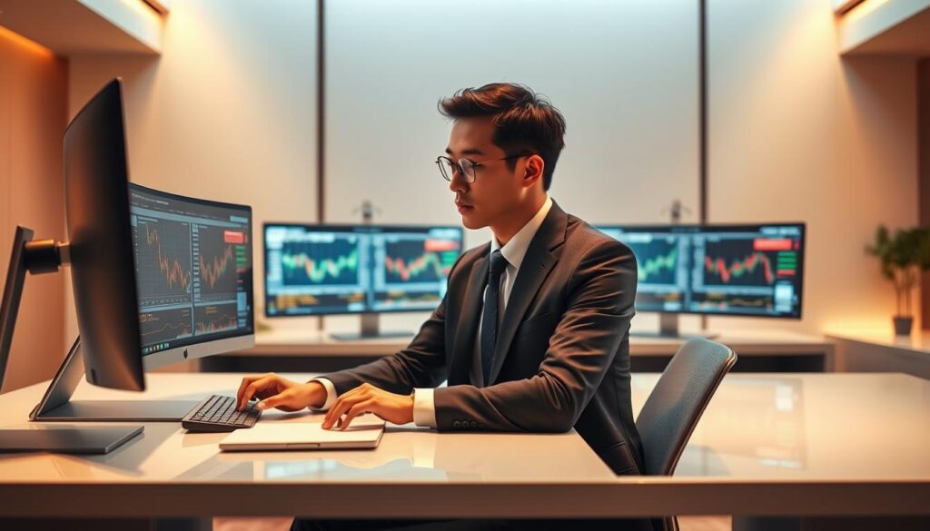 A well-dressed Japanese professional in their late 20s or early 30s, with a focused expression, sitting at a sleek, modern desk in a stylish, minimalist office. Warm, diffused lighting illuminates the scene, creating a sophisticated, high-end atmosphere. The subject is deeply engrossed in analyzing financial data on multiple monitors, exemplifying the meticulous attention to detail and analytical prowess of a securities analyst at a prestigious global firm.