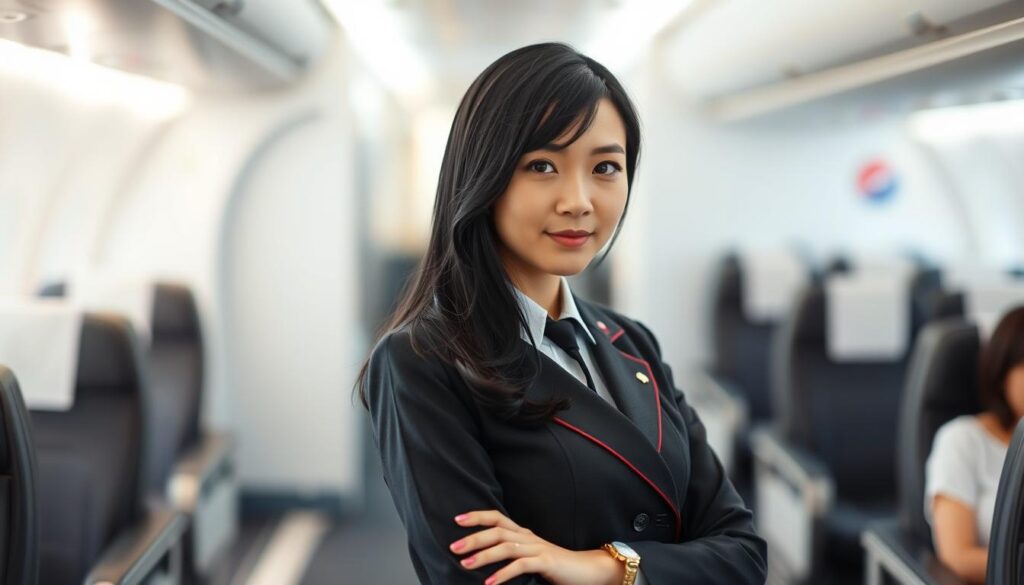 A well-dressed flight attendant stands confidently, her black hair framing a youthful, Japanese-inspired face. The scene is set in a bright, airy room with clean lines and minimalist decor, conveying a sense of professionalism and attention to detail. The attendant's posture exudes poise and composure, reflecting the skills and knowledge required for a successful career in this field. The lighting is soft and flattering, accentuating the attendant's features and creating a warm, inviting atmosphere. The camera angle is slightly elevated, lending an air of authority and expertise to the subject. This image aims to capture the essence of a flight attendant's journey, from their initial job search to their role as a consummate hospitality professional.