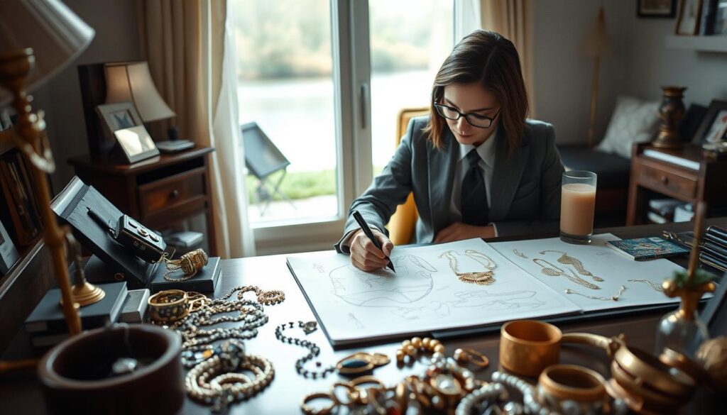 A well-dressed jewelry designer meticulously sketching new designs at their desk, surrounded by intricate gold and silver accessories. The room is softly lit, creating a serene atmosphere as the designer contemplates the balance between their creative work and personal life. In the background, a glimpse of a calm outdoor scene, hinting at the designer's efforts to maintain a healthy work-life balance. The overall scene conveys a sense of focus, attention to detail, and a harmonious integration of professional and personal aspects of the designer's life.