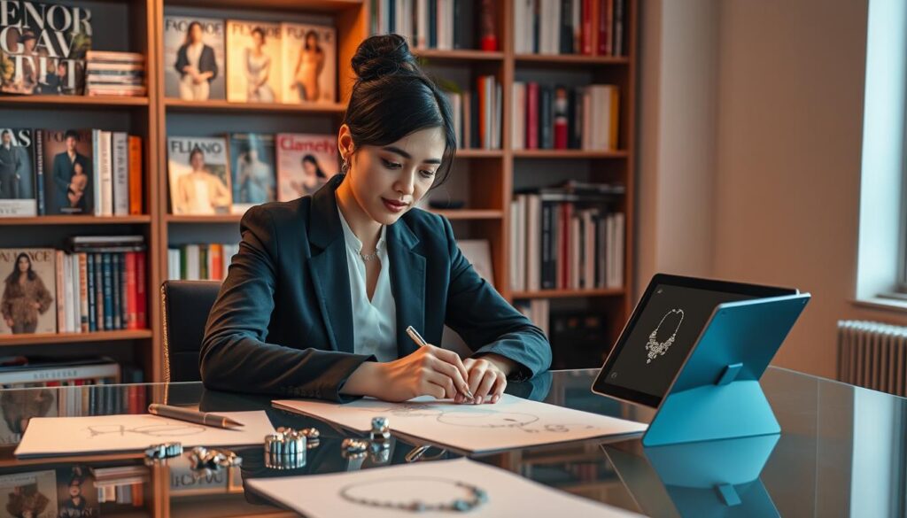 A well-dressed jewelry designer sitting at a sleek glass desk, surrounded by sketches, gemstones, and a tablet displaying a digital rendering of a new necklace design. Warm studio lighting casts a focused glow, highlighting the designer's thoughtful expression as they make notes on the design. In the background, a bookshelf displays an array of fashion and design magazines, conveying a sense of expertise and inspiration. The overall scene evokes a serene, professional atmosphere where creativity and technical mastery coexist.