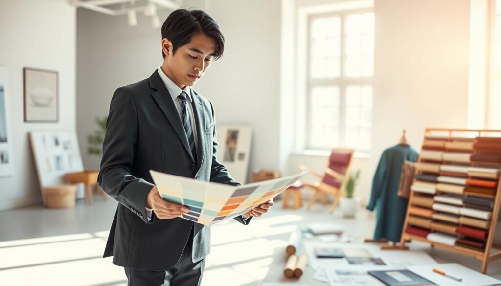 A well-dressed professional interior coordinator standing in a minimalist, light-filled room, surrounded by samples of fabrics, paint swatches, and design sketches. The coordinator, a young Japanese person with dark hair, is intently examining a color palette, their expression focused and thoughtful. Soft natural lighting filters through large windows, casting a warm glow on the scene. The overall atmosphere conveys a sense of expertise, creativity, and the hands-on nature of the coordinator's work.
