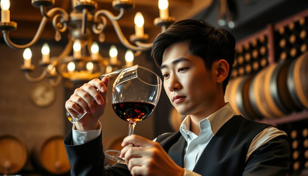 A well-dressed sommelier meticulously inspects a glass of wine, swirling it with precision and studying its hue and clarity under the warm glow of a classic chandelier. In the background, a muted wine cellar filled with rows of oak barrels and dusty bottles sets the stage for this contemplative moment. The sommelier's expression conveys a deep understanding and appreciation for the art of wine, as they prepare to guide diners through a world-class dining experience. Realistic photographic style, natural lighting, Japanese ethnicity, young adult age.