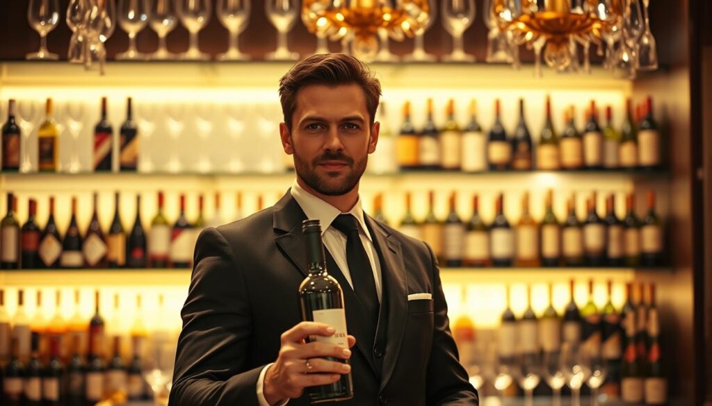 A well-dressed sommelier standing confidently in a dimly lit restaurant, holding a bottle of fine wine. The sommelier's attentive gaze and precise hand movements convey their deep expertise. Behind them, a backdrop of elegant wine glasses and shelves filled with diverse vintages, creating an atmosphere of refined sophistication. Soft, warm lighting casts a golden glow, highlighting the sommelier's refined features and the alluring colors of the wine. The scene evokes a sense of professionalism, passion, and the sommelier's journey towards career advancement within the hospitality industry.