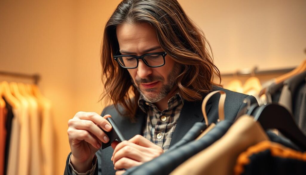 A well-dressed stylist carefully examines a variety of high-end fashion items, their hands delicately arranging and studying the fabrics, colors, and textures with an expert eye. The lighting is soft and warm, highlighting the intricate details of the designer garments. The stylist's expression is one of deep concentration, showcasing their specialized knowledge and attention to detail. The background is blurred, allowing the focus to remain on the stylist's professional skills and the fashion items they are meticulously inspecting. The overall atmosphere conveys the stylist's dedication to their craft and the importance of their specialized expertise.