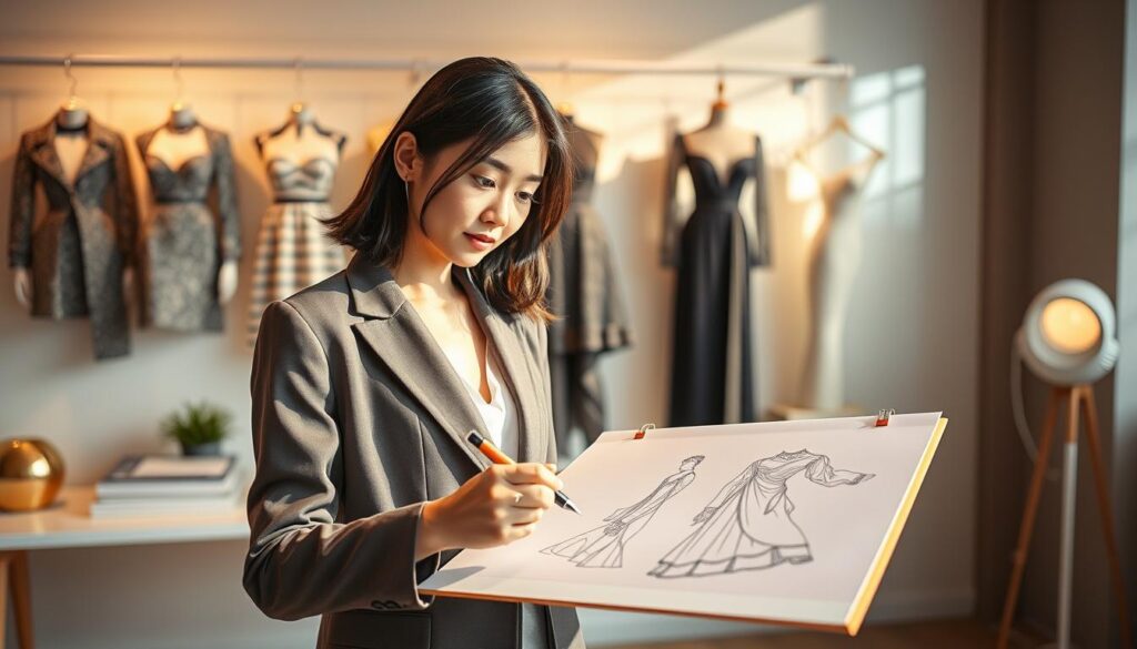 A well-dressed, young Japanese fashion designer stands confidently in a chic, modern studio. Warm, natural lighting illuminates her focused expression as she sketches intricate designs on a sleek drawing pad. Behind her, a curated wall display showcases her previous couture collections, each garment a testament to her meticulous craftsmanship and innovative aesthetic. The room's minimalist, yet stylish decor reflects her refined personal brand and the high-end clientele she caters to. An air of determination and creative passion emanates from this scene, capturing the essence of a successful fashion designer's career journey.