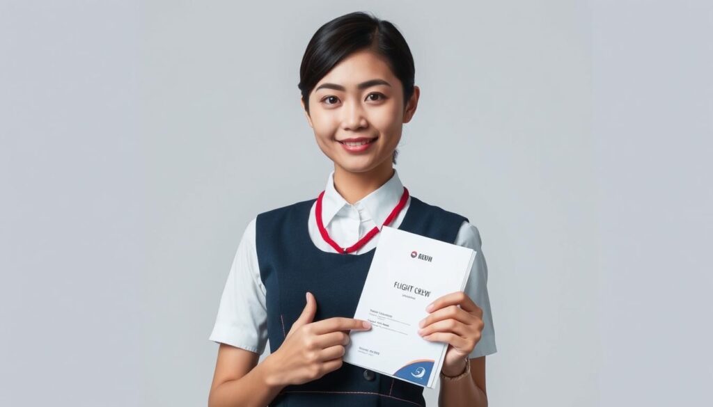 A well-dressed, young Japanese flight attendant stands confidently, holding a flight crew ID badge and a training manual. The lighting is soft and flattering, with a clean, professional background that emphasizes the individual's expertise and qualifications. The pose and expression convey a sense of competence and dedication to the role. The image captures the essence of the "スチュワード資格と経験" section, showcasing the necessary skills and certifications required for this career.