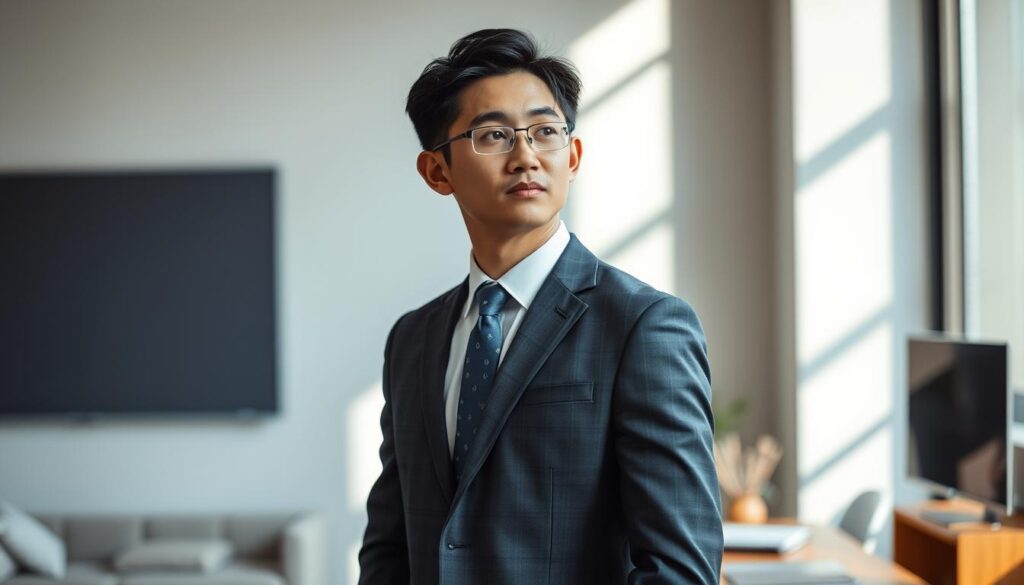 A well-dressed, young Japanese freelance manipulator stands confidently, showcasing their expertise in the art of influencing and shaping outcomes. Soft, natural lighting illuminates their focused expression, as they thoughtfully consider their next strategic move. The background depicts a modern, minimalist workspace, hinting at the flexibility and autonomy inherent in their career. The scene conveys a sense of poise, intelligence, and the power of individual agency in the freelance manipulator's journey.
