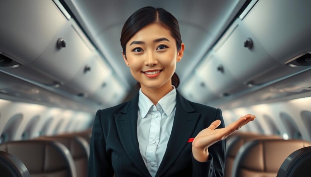 A well-dressed, young Japanese-looking flight attendant stands in the aisle of an aircraft, their uniform crisp and immaculate. Their face is calm and professional, exuding a sense of warmth and hospitality. The cabin behind them is softly lit, with muted tones and a sense of tranquility. The attendant's posture is poised, one hand resting gently on the seat, the other extended in a graceful welcoming gesture. The overall atmosphere conveys the attentive, service-oriented role of the flight attendant, ready to assist passengers with care and efficiency.
