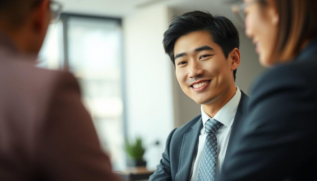 A well-dressed, young Japanese-looking man in a suit and tie attentively listening to a customer's concerns, with a warm, empathetic expression on his face. The lighting is soft and natural, highlighting his features and creating a calming, professional atmosphere. The background is a modern office setting, with clean lines and neutral colors that don't distract from the focal point of the customer interaction. The overall scene conveys the customer service and counseling skills of a driller, as they work to understand and address the needs of their client.