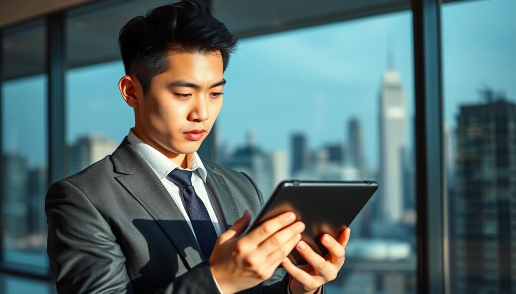A well-dressed, young Japanese-looking man standing in a sleek, modern office setting, his face partially obscured by a tablet he is studying intently. The lighting is soft and natural, casting subtle shadows that highlight the thoughtful expression on his face. The background is blurred, with hints of a large window overlooking a bustling city skyline. The overall mood is one of focused professionalism, reflecting the technical director's attention to detail and analytical nature as he reviews data on his tablet screen.