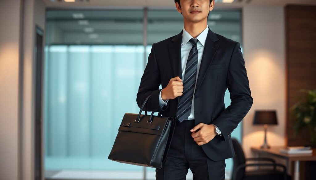 A well-dressed, young Japanese professional standing confidently, briefcase in hand, embodying the role of a compensation consultant. The lighting is soft and flattering, accentuating their focused expression and sharp business attire. The background is a tasteful office setting, hinting at the dynamic and analytical nature of their work. The overall mood conveys a sense of authority, expertise, and dedication to their craft. The composition balances the subject within the frame, creating a visually striking and informative illustration of a compensation consultant's career.